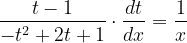 \dpi{120} \frac{t-1}{-t^{2}+2t+1}\cdot \frac{dt}{dx}=\frac{1}{x}